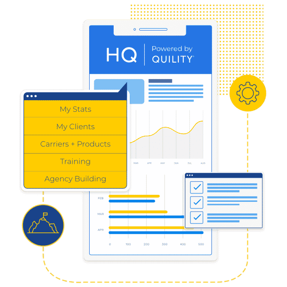Quility HQ view on a mobile phone with tabs for agent stats, products, carriers, training and tracking agency business