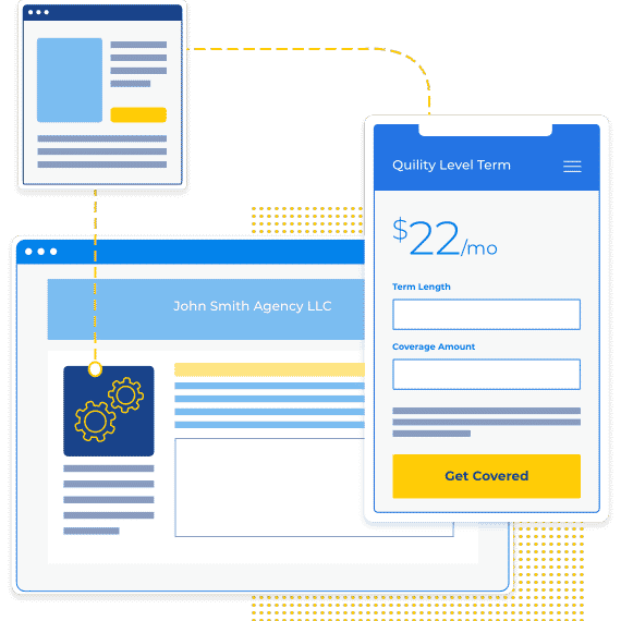 screenshot of the Quility Level Term digital application on a mobile phone and a visual of an example agent landing page for online sales