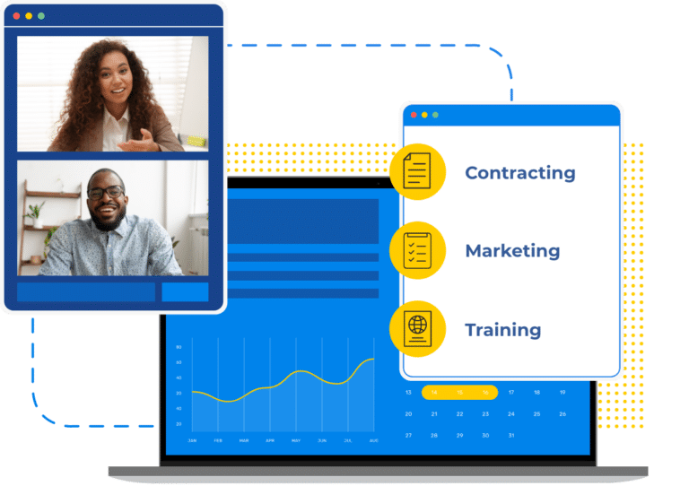 mobile phone showing a man and a woman meeting on video conference to discuss agency sales beside an illustration of agency HQ website for contracting, marketing, and training